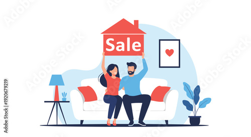 Happy young couple sits together on a living room sofa holding up a large red house-shaped sign with the word sale written on it.