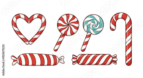 Colorful assortment of red and white peppermint flavored christmas candies including lollipops candy canes and wrapped sweets.