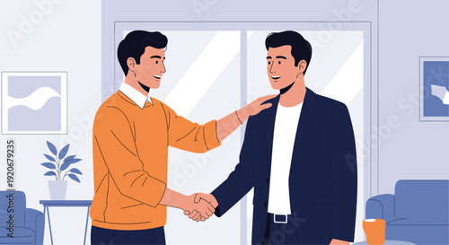 Two friendly colleagues shake hands in a modern living room setting during a successful business meeting or casual greeting.