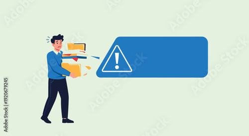 Stressed office worker drops a pile of documents while standing next to a large blue caution sign with an exclamation mark.