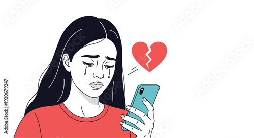 Heartbroken young woman looks at her mobile phone and cries with a large broken heart icon floating in the air next to her.