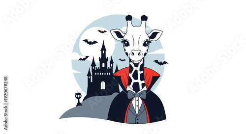 Funny giraffe character dressed as a vampire stands in front of a spooky haunted castle with a full moon and bats in the sky.
