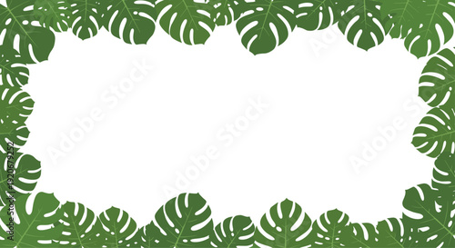 Decorative border frame made of green monstera deliciosa leaves surrounding a central blank white rectangular space for text.