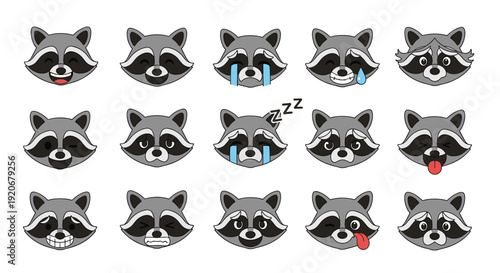 Grid of fifteen cute raccoon head emojis showing a wide range of facial expressions and emotions for social media messaging.