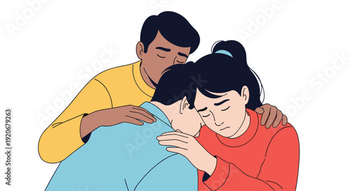 Supportive group of three young friends hugging each other for comfort and support during a time of sadness or loss.