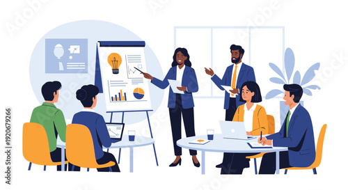 Collaborative business team has a meeting with a woman presenting creative ideas on a flip chart in a modern conference room.