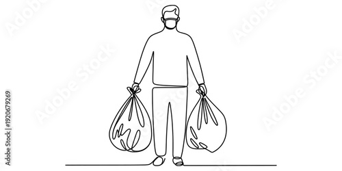 A person carrying two large trash bags, one in each hand, depicted in continuous line art style Vector, illustration