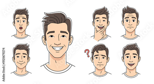 Collage of several headshots showing a young man with different facial expressions like surprise happiness thinking and sadness.