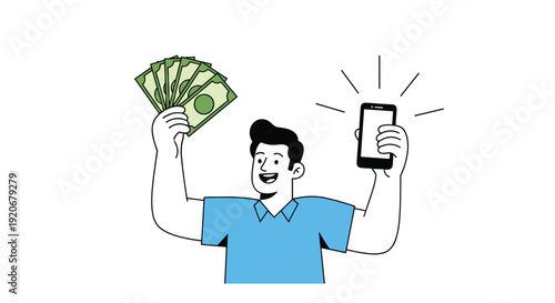 Smiling man holds a large fan of dollar bills in one hand and a smartphone with a glowing screen in the other hand.