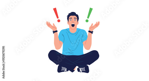 Surprised man sitting on the floor cross legged with arms raised and red and green exclamation marks above his head.