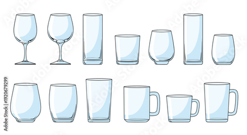 Collection of various empty glassware items including wine glasses drinking tumblers mugs and cups for bar and kitchen design.