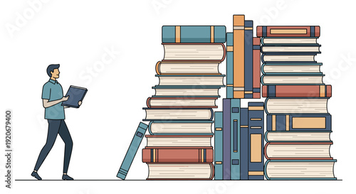 Small man carrying a single book walking past an enormous tall stack of library books on a clean white background.