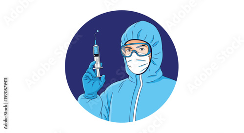 Medical professional wearing a protective hazmat suit and mask holding a syringe with vaccine in a blue circle frame.