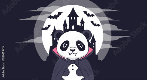 Adorable panda bear dressed in a vampire costume with a cape standing in front of a spooky castle at night time.