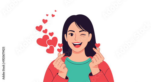 Happy young woman winking and making a finger heart gesture with small red hearts floating in the air around her.