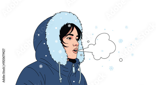 Young woman wearing a warm winter coat with fur hood breathing out steam in cold snowy winter weather conditions.