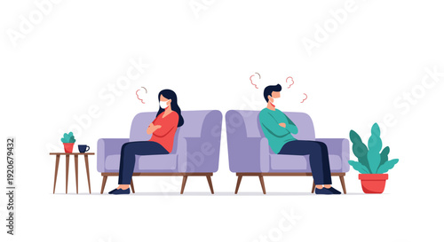 Man and woman wearing face masks sitting back to back on separate sofas after a conflict or during home isolation.