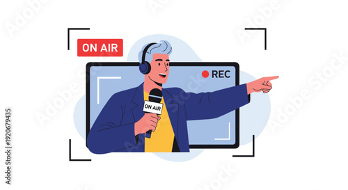 Professional news reporter with headphones and microphone pointing at something while being filmed for a live report.