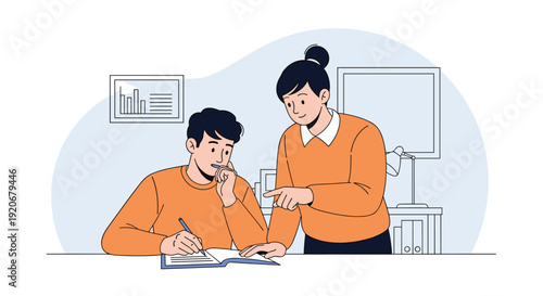 Female teacher or mentor pointing to a notebook while helping a male student with his homework or study project.