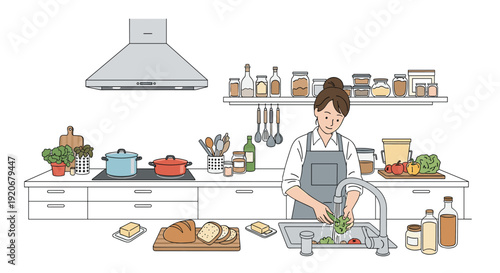 Woman in an apron washing fresh green vegetables in a sink in a bright spacious modern kitchen with various tools.