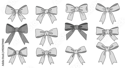 Collection of various hand drawn ribbon bows in gray and dark gray colors with different tying styles and shapes.
