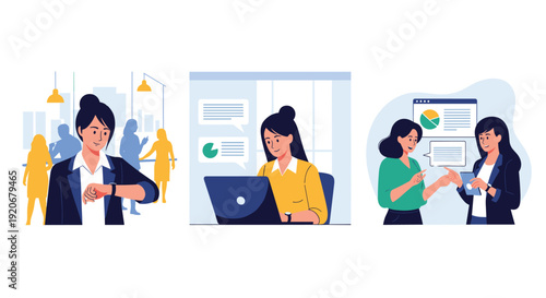 Set of illustrations showing a businesswoman checking the time working on a laptop and collaborating with a colleague.