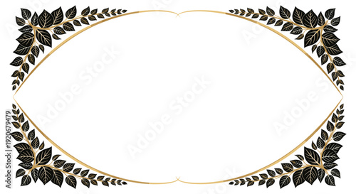 Elegant oval frame decorated with black leaves and golden branches on the corners for wedding invitations or cards.