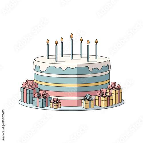 birthday cake with candles and gifts
