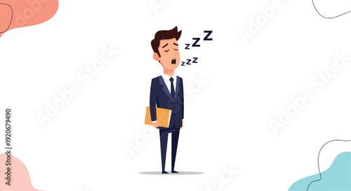 Exhausted businessman in a suit yawning and holding a folder while standing on a minimalist abstract background.