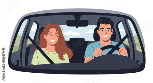 Happy young couple smiling while driving a car together with blue sky and white clouds visible through the window.