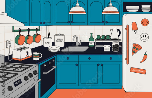 Home Cooking And Kitchen Design Illustration Of A Kitchen Interior With Appliances Food And Utensils In A Colorful Modern Style