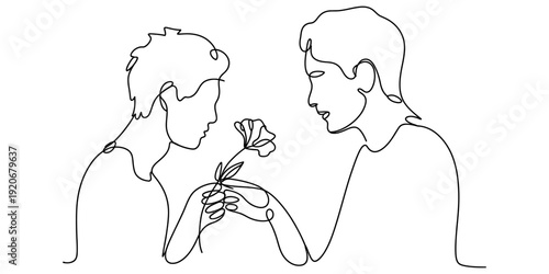 A continuous line art drawing of two young men exchanging a single flower, symbolizing a romantic gesture. Vector, illustration
