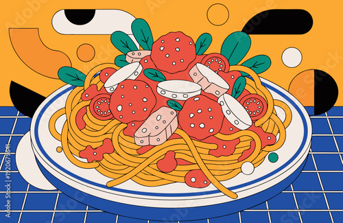 Italian Food Culture And Culinary Arts Spaghetti With Meatballs Tomato Sauce Cheese And Basil On A Plate With Geometric Background