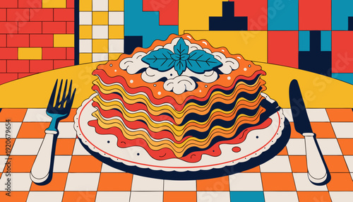 Comfort Food Trend Lasagna Illustration With Fork And Knife On Checkered Tablecloth Italian Cuisine Home Cooking Nostalgia Retro Style