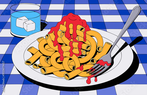 Italian Cuisine Pasta Dish With Tomato Sauce Comfort Food Traditional Meal On Table With Checkered Cloth And Glass Of Water With Ice Cubes