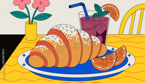 Breakfast Still Life Healthy Lifestyle Croissant Orange Juice Flowers Table Chair Illustration Graphic Design Food And Drink Morning