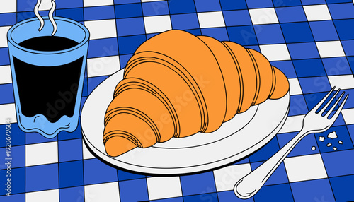 Breakfast Culture And Morning Routine Croissant And Coffee On Table With Checkered Cloth For Food Blog Or Menu Illustration