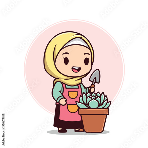 Cute Muslim Girl Gardening with Succulent Plant Cartoon Vector