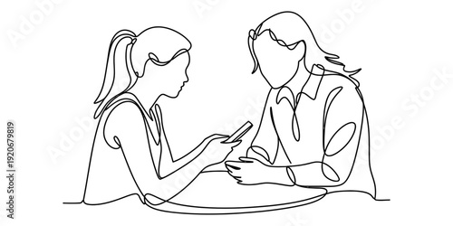 Continuous line art drawing of two young women sitting at a table looking at their smartphones Vector, illustration
