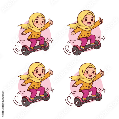 Happy Muslim Girl Riding Hoverboard Cartoon Illustration