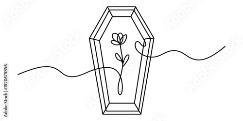 A single line art illustration of a minimalist rose inside an open coffin, symbolizing death and remembrance. Vector, illustration