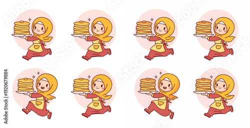 Happy Muslim Girl Running with Pancakes on Plate Cartoon Vector