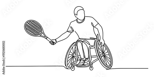 Continuous line drawing of a person in a wheelchair playing tennis, showcasing adaptive sports and determination Vector, illustration