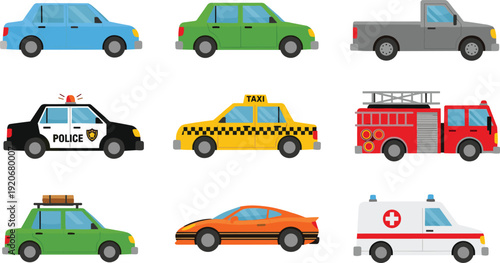 Set of colorful vehicle icons including police car taxi ambulance fire truck sedan and sports car for city traffic transportation
