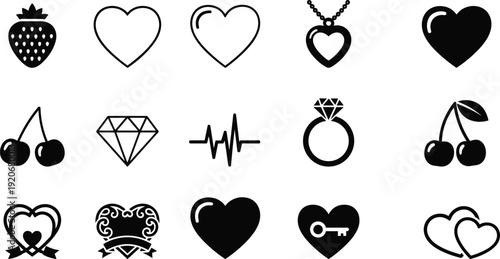 Black heart icons set including strawberry cherry diamond ring heartbeat necklace and decorative romantic symbols for Valentine Day wedding and love