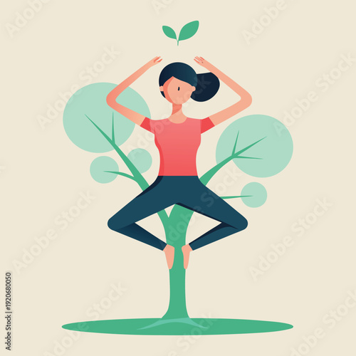 Woman practicing yoga in a serene setting, holding a Tree Pose (Vrksasana) with minimalist aesthetic and natural light.