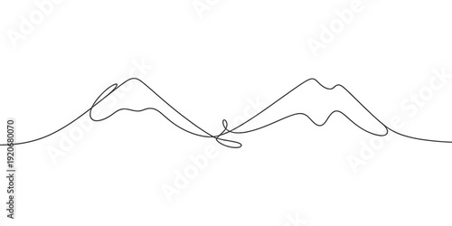 Minimalist continuous line drawing of mountain peaks against a clean white background Vector, illustration