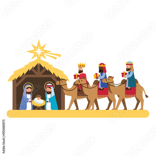 Three Wise Men Visiting Jesus in Manger on Christmas Night