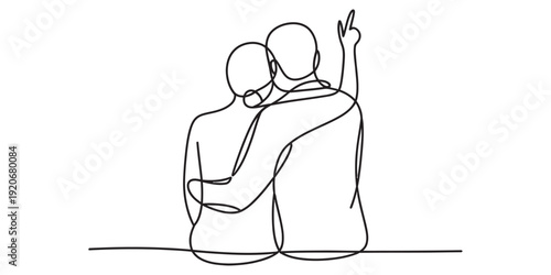 Continuous line drawing of a loving couple sitting together and pointing at something. Vector, illustration