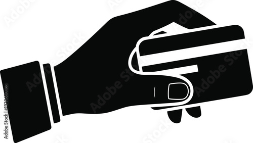 Hand holding credit card silhouette isolated on white background, online payment transaction symbol illustration, secure banking vector design concept